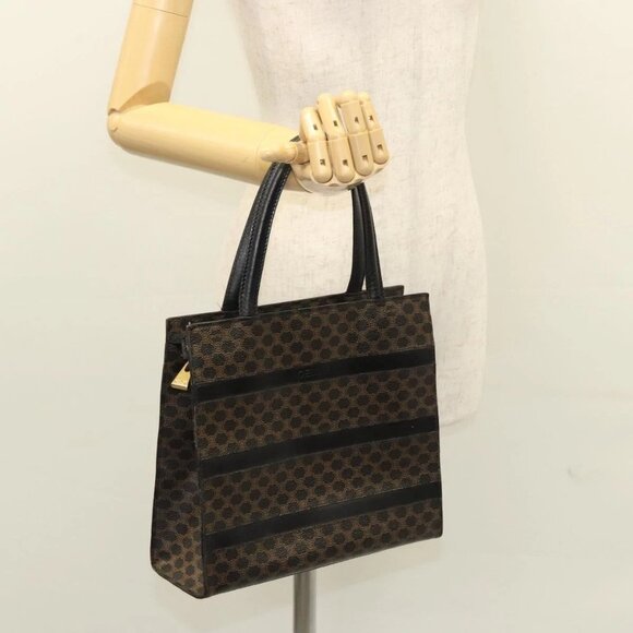 CELINE Macadam Canvas Hand Bag PVC Leather Black Gold Auth - Picture 1 of 15